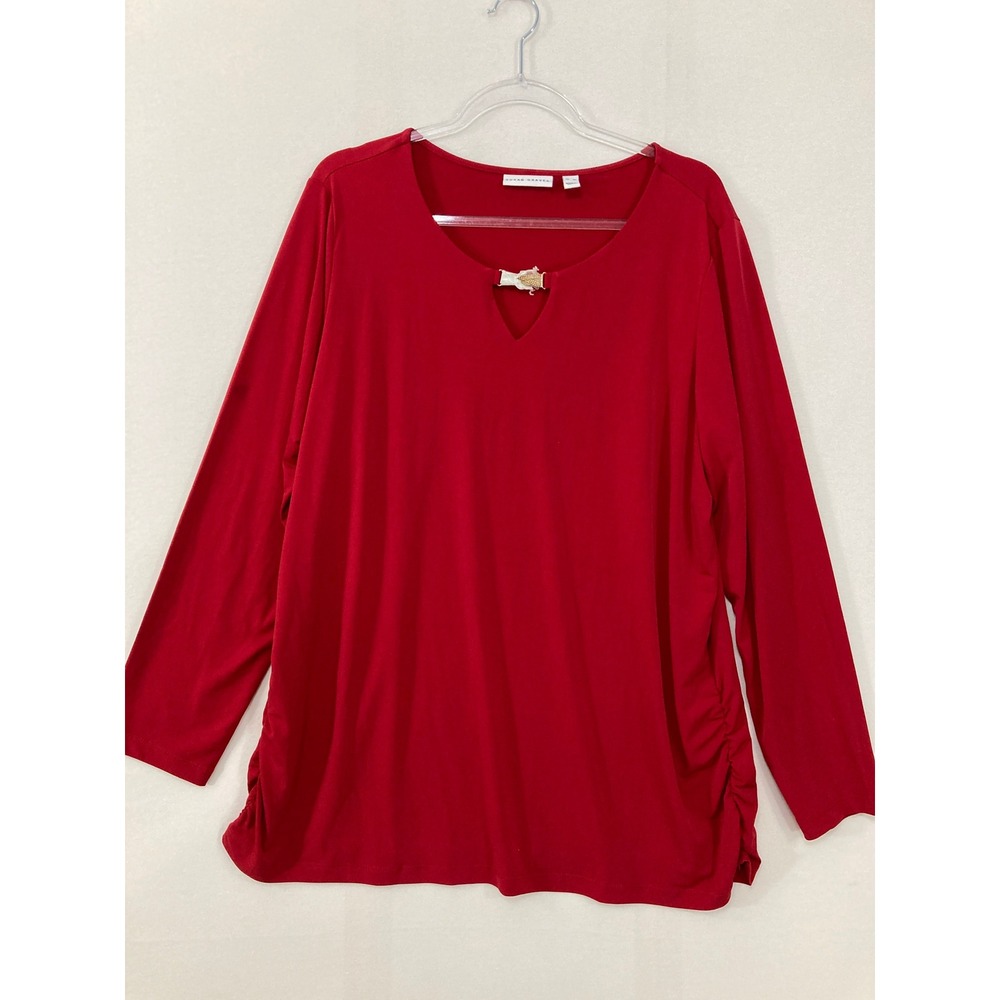 Susan Graver Top XL Red Keyhole Gold Hardware Ruched Side Stretch Liquid Knit‎